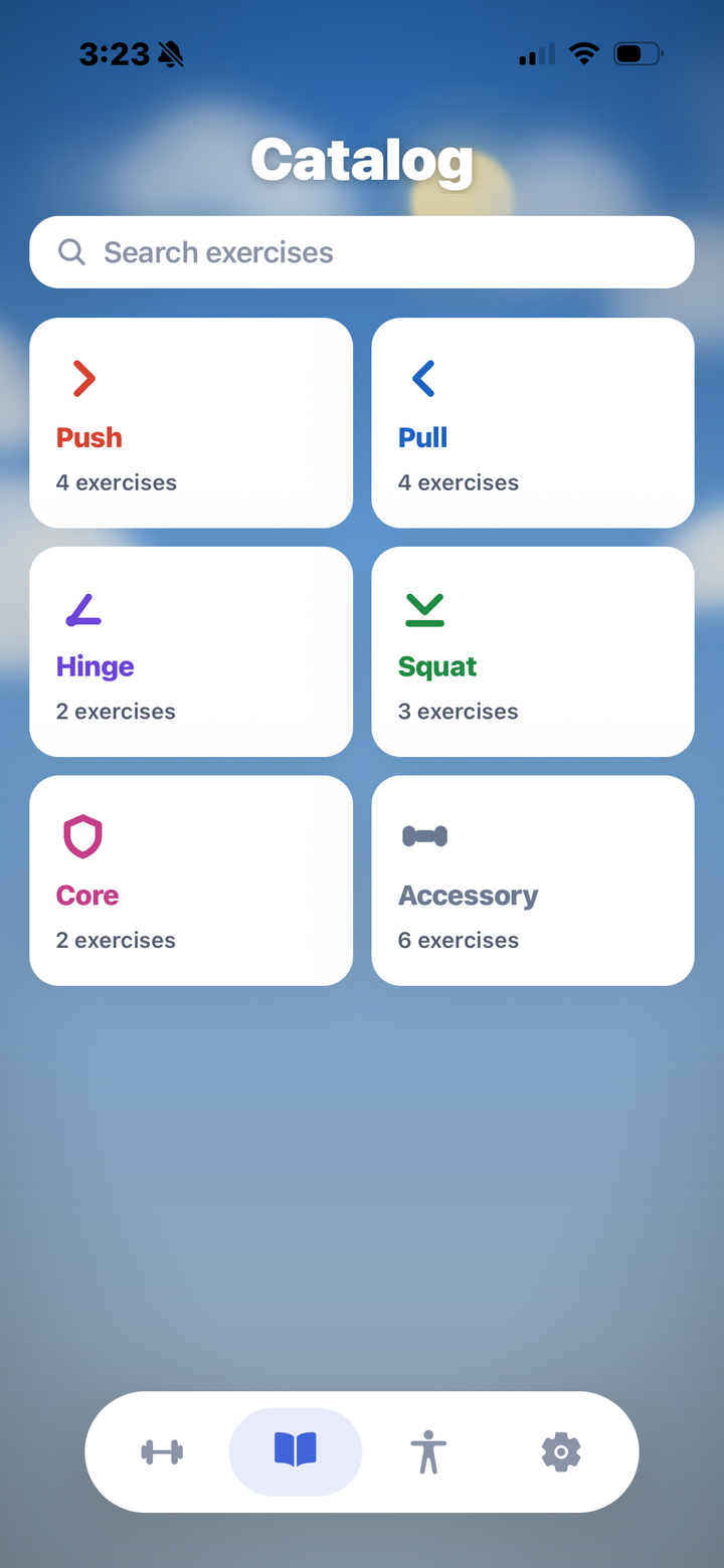 Exercise catalog organized by movement pattern